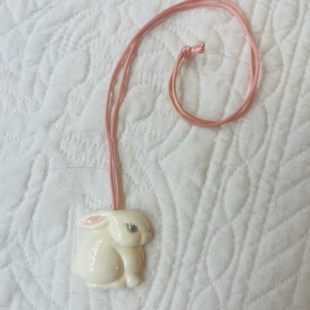 Kids Easter Pink Bunny Pendant Necklace - Handmade, Hand painted
